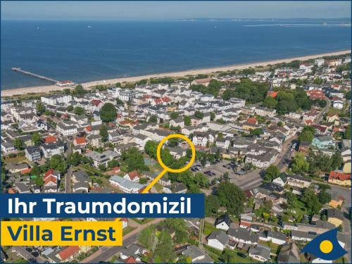 an aerial view of a city with a yellow circle at Villa Ernst Whg 09 in Ahlbeck