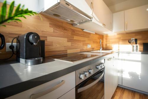 a kitchen with a sink and a stove at Apartmenthaus ROSE in Prutz