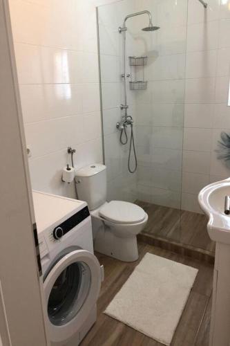 a bathroom with a toilet and a washing machine at House Franny in Zadar