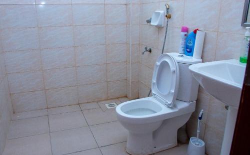 a bathroom with a white toilet and a sink at Studio Apartment near the Airport in Nairobi