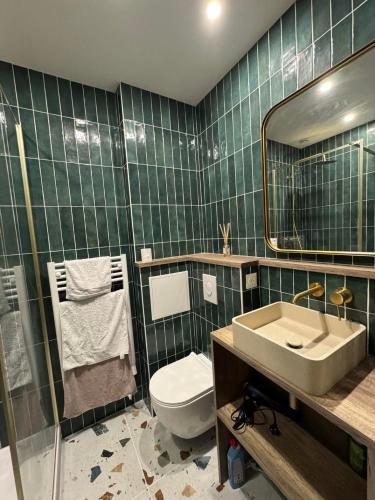 une salle de bain avec un lavabo, des toilettes et un miroir dans l'établissement Appartement 1 Chambre au Cœur de Bordeaux, à Bordeaux