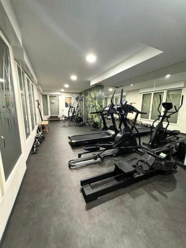 - une salle de sport avec plusieurs tapis de course et vélos d'exercice dans l'établissement La belle vie, à Saint-Denis