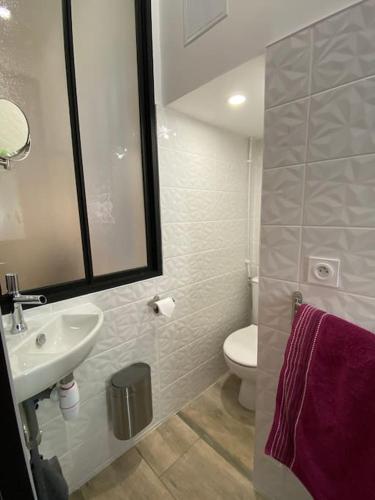 une salle de bain avec un lavabo, des toilettes et un miroir dans l'établissement Ô COEUR de SETE, à Sète