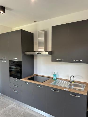 a kitchen with gray cabinets and a sink at Appartamento intero in Pieno Centro in Cassino