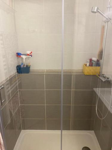 une douche avec une porte vitrée dans une salle de bain dans l'établissement Bel appartement à 5 mn de la mer et du centre-ville - Résidence Les Gémeaux, à Saint-Aygulf