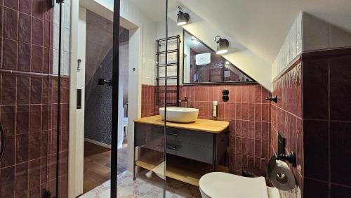 a bathroom with a sink and a toilet in it at Stoczek 1929 in Białowieża