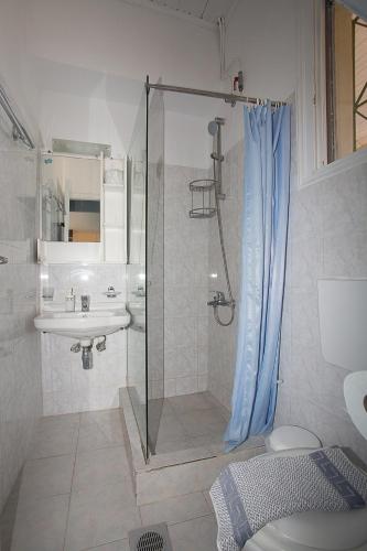 a bathroom with a shower and a toilet and a sink at Panorama in Lixouri