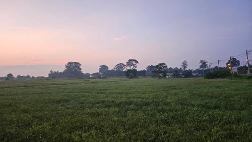 a field of green grass with a sunset in the background at The Sun House อุทัยธานี in Ban Nam Tok