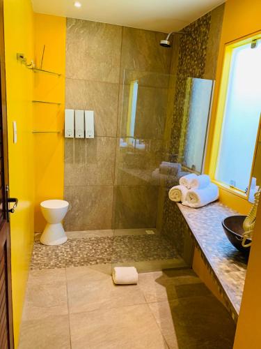 a bathroom with a shower with a toilet and a sink at Villa Côté Sud Pousada De Charme in São Miguel dos Milagres