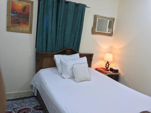 a bedroom with a white bed with a green curtain at Sakkara pyramid inn hotel in Cairo