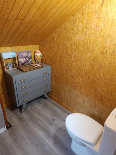 La salle de bains est pourvue de toilettes blanches et d'une commode. dans l'établissement La Cachotière du Lac, à Giffaumont