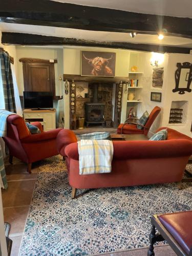 a living room with two couches and a fireplace at The Nook at Ullswater in Penrith