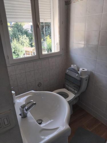 La salle de bains est pourvue d'un lavabo et de toilettes avec une fenêtre. dans l'établissement Joli appartement 2 pièces sur Liancourt, à Liancourt