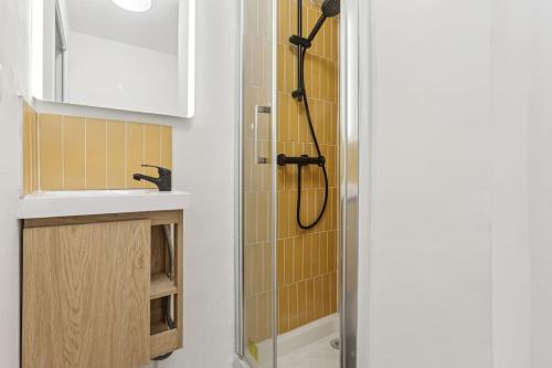 une salle de bain avec douche et lavabo dans l'établissement Nice studio close to Paris, à Maisons-Alfort