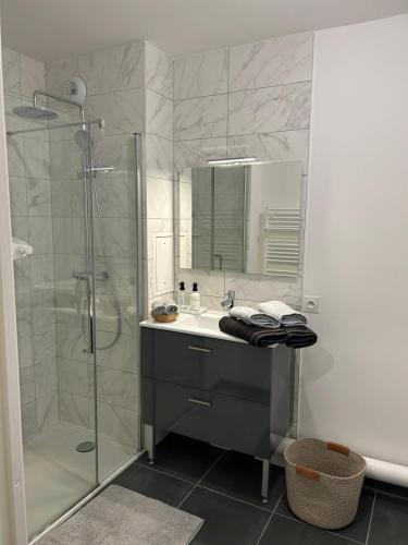 une salle de bain avec une douche, un lavabo et un miroir dans l'établissement Suite Élite Disneyland, à Chessy