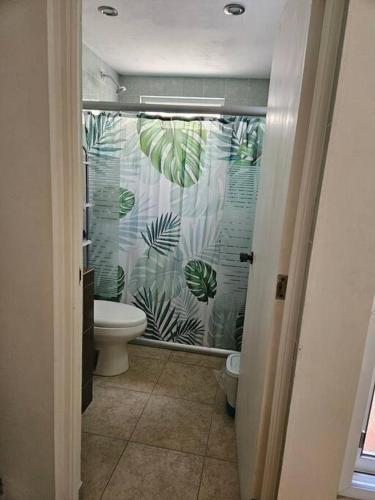 a bathroom with a toilet and a shower curtain at Bonito Depa céntrico in Jardines de la Hacienda