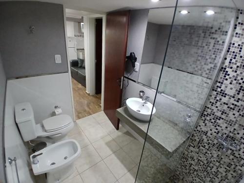 a bathroom with a toilet and a sink and a shower at La Divina Pereza Eco in San Rafael