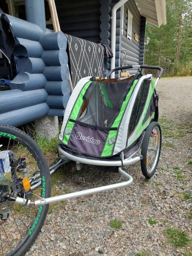 a green and white cart parked next to a house at Kotoisa hirsihuvila Ylläksellä in Ylläsjärvi