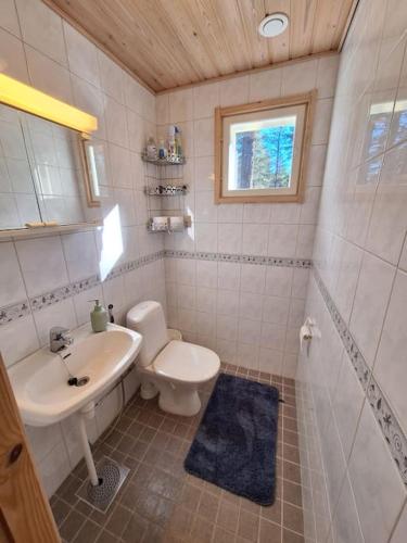 a small bathroom with a sink and a toilet at Kotoisa hirsihuvila Ylläksellä in Ylläsjärvi