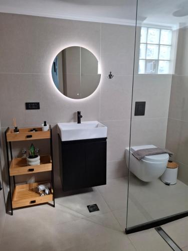 a bathroom with a sink and a toilet and a mirror at Kasteli loft apartment in Kissamos