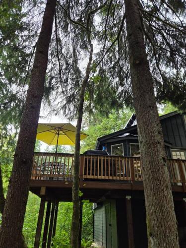 a house with a deck with an umbrella at Dovetail Den - Tranquil with Hot Tub and Air Conditioning in Ashford