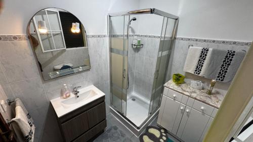 a bathroom with a shower and a sink at Terra Chã Cottage,FEEL Home, in São Vicente