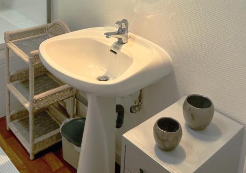 - un lavabo blanc dans une salle de bains avec 2 vases dans l'établissement Appartement lumineux Classé au cœur de Strasbourg, à Strasbourg
