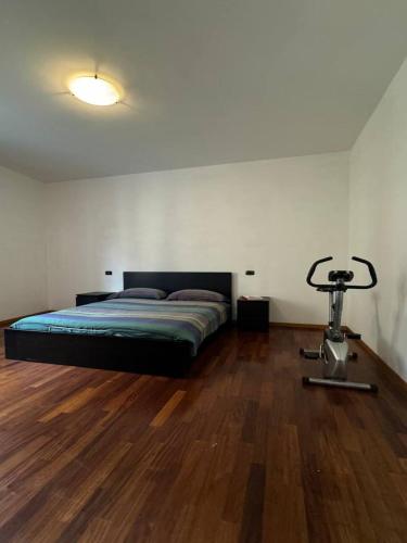 a bedroom with a bed and a camera on a wooden floor at B&B Al Vec Licinsi' in Moniga