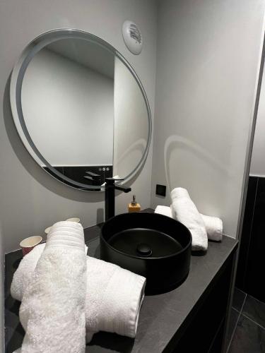 La salle de bains est pourvue d'un miroir et de serviettes sur un comptoir. dans l'établissement Appartement le flamboyant - WIFI - CENTRAL - COSY, à Aix-les-Bains