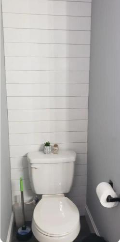 a white bathroom with a toilet in a room at Vdara Pocono Home in Tobyhanna