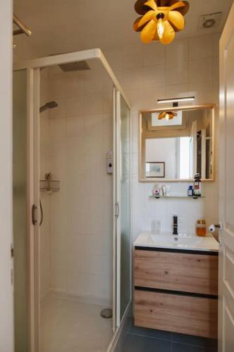 une salle de bain avec douche et lavabo dans l'établissement Le Nid Exotique - vue sur les toits du centre-ville, à Montpellier