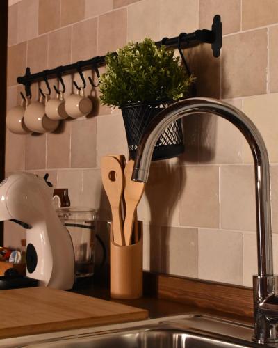 a kitchen sink with a knife block with a plant in it at El Capricho de la Serranía II in Tragacete