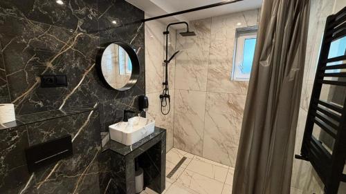 a bathroom with a sink and a shower with a mirror at Poziom -1 in Sandomierz