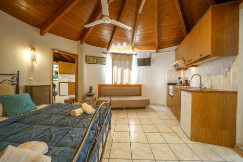 a kitchen and a bedroom with a bed in a room at RODI BLUE apartments in Amoudara Herakliou