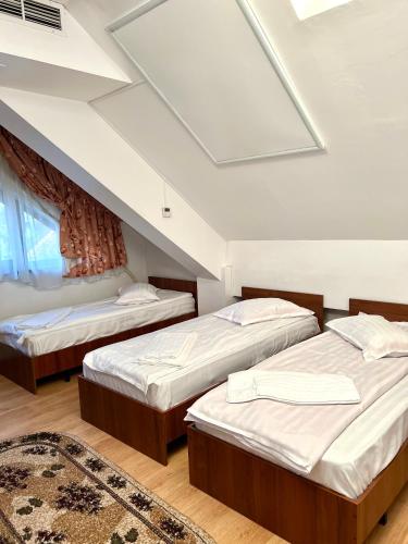 three beds in a room with a attic at Pensiunea Cezara in Bacău