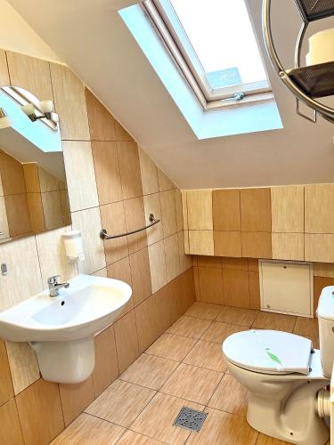 a bathroom with a sink and a toilet and a skylight at Pensiunea Cezara in Bacău