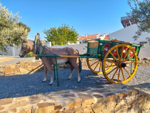 a horse pulling a horse drawn carriage on a street at Ground Floor Room Sofia's Happy House - Almodôvar Ourique in Aldeia dos Fernandes