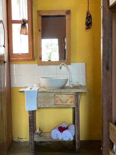 a bathroom with a sink and a mirror at Pousada Fulô da Pedra in Serra de São Bento