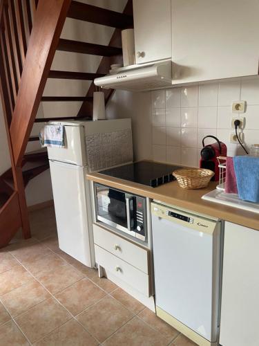 Il comprend une cuisine équipée d'un réfrigérateur blanc et d'une cuisinière. dans l'établissement Chalet lac de la Raviege vue lac, à La Salvetat-sur-Agout