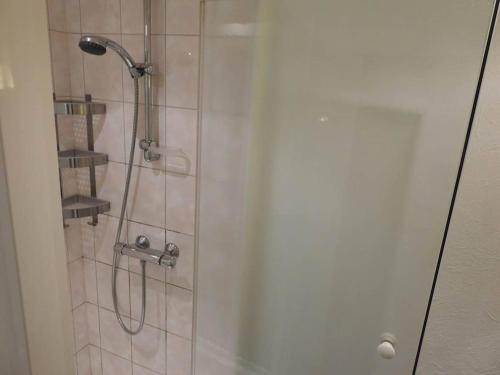 a shower with a glass door in a bathroom at Gîte tout confort au cœur du Parc national de la vallée de la Semois in Ucimont