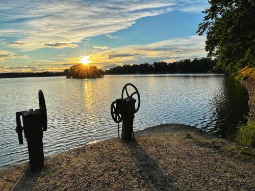 aulpture of two parking meters on the shore of a lake at Historický dům u lázní in Třeboň