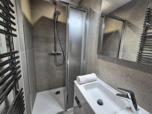 une salle de bain avec douche et lavabo dans l'établissement La Residence - Appartement La Résidence MAE-9791, à Vénosc