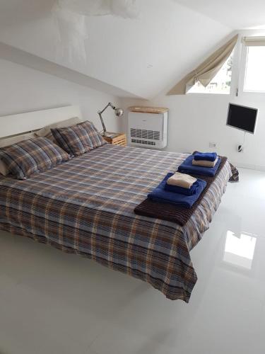 a bedroom with a large bed with blue pillows at Roma - Casalpalocco - Amipsia in Casal Palocco