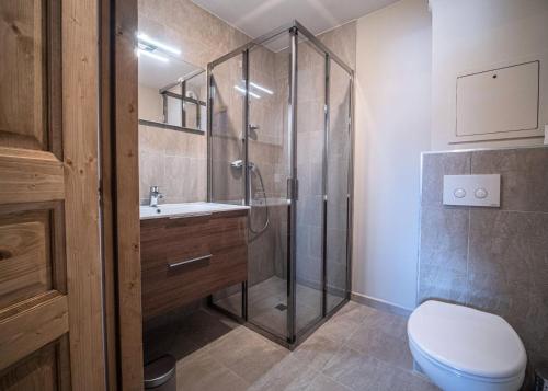 une salle de bain avec une douche avec des toilettes et un lavabo dans l'établissement Résidence Lumi Batiment A - LUMI A 304 MAE-9051, à Valmorel