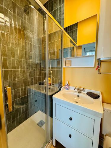 une salle de bain avec un lavabo et une douche en verre dans l'établissement Au cœur de la ville, 2 pièces, à Trouville-sur-Mer