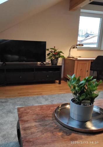 a living room with a flat screen tv and a table at Ferienhaus am Bach in Achslach