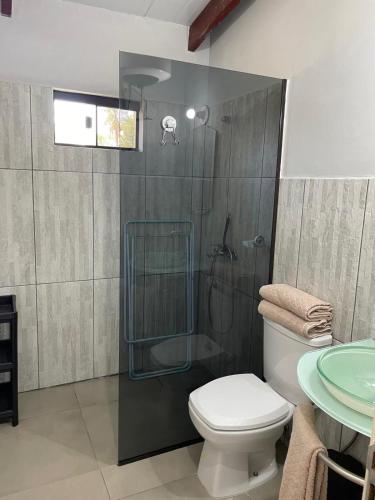 a bathroom with a shower and a toilet and a sink at Residencia Piri in Piribebuy
