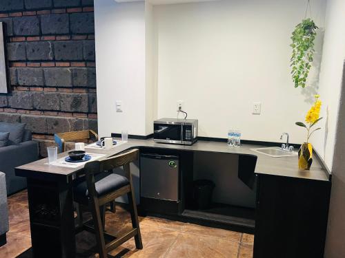 a kitchen with a counter with a microwave and a sink at QA Hotel in San Luis Potosí