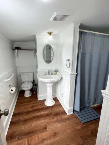 a white bathroom with a sink and a toilet at DC Studio Near Capitol & Metro - Parking Included in Washington, D.C.