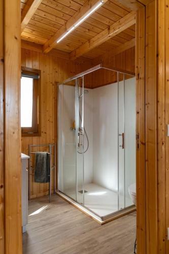a bathroom with a glass shower in a room at Porto Maia Garden in Maia